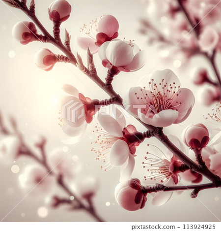Close-up of a blossoming apple tree branch.  Spring Awakening of nature, fruit trees begin to bloom, a blooming apple tree in warm golden tones, delicate apple tree flowers. Generative AI. 113924925