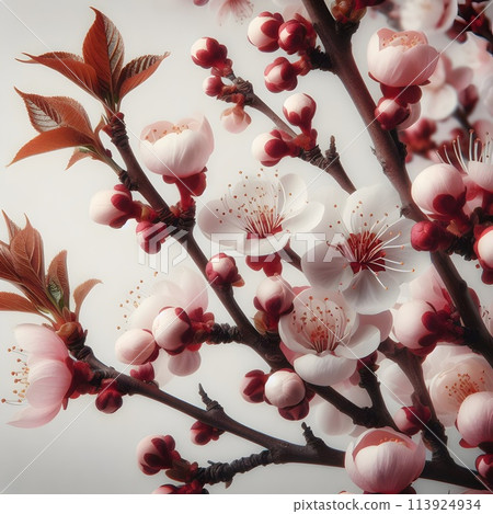 Close-up of a blossoming apple tree branch.  Spring Awakening of nature, fruit trees begin to bloom, a blooming apple tree in warm golden tones, delicate apple tree flowers. Generative AI. 113924934