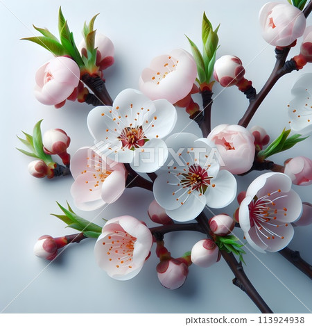 Close-up of a blossoming apple tree branch.  Spring Awakening of nature, fruit trees begin to bloom, a blooming apple tree in warm golden tones, delicate apple tree flowers. Generative AI. 113924938