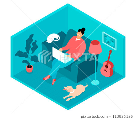 Isometric teleworking composition illustration with a woman working from home 113925186