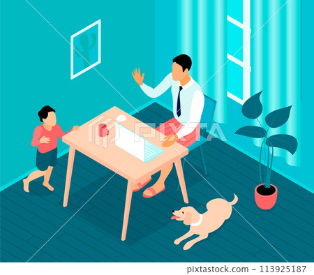 Isometric teleworking composition illustration with a man working from home 113925187