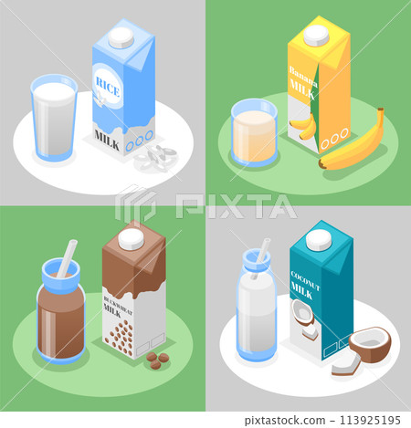 Isometric oat and plant based milk carton collection with different types of vegan milk 113925195