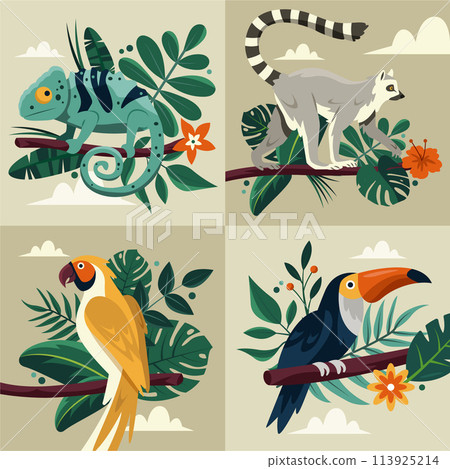 Flat exotic flora and fauna square illustration collection 113925214
