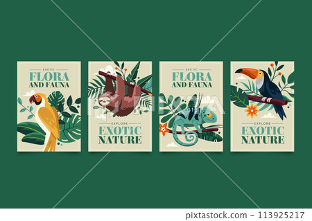 Flat exotic flora and fauna cards collection with wild animals and tropical plants 113925217