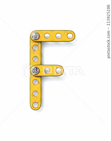 Aged yellow constructor font Letter F 3D 113925286
