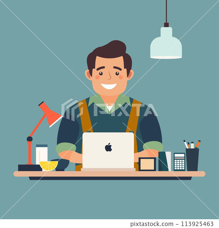Happy Father Day Celebration with Character of Dad Working in Office for Family 113925463