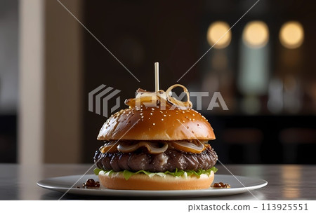 a hamburger on a white ceramic plate with a toothpick sticking out of it a hamburger on a white ceramic plate with a toothpick sticking out of it 113925551