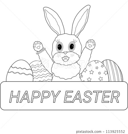 Black and white coloring page featuring a cheerful anthropomorphic Easter bunny with decorated Easter eggs and - Happy Easter - text. Perfect for greeting card. 113925552