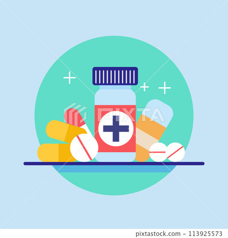 No Drugs Day with Healthy Medicine Capsule Pill in Bottle in Pharmacy 113925573