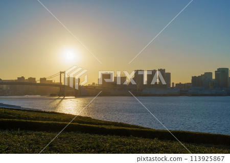 Tokyo Bay coastline evening view from Toyosu 113925867