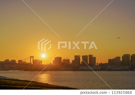 Tokyo Bay coastline evening view from Toyosu 113925868