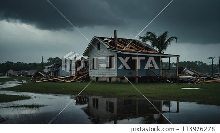 Destroyed homes and infrastructure after the hurricane passes 113926278