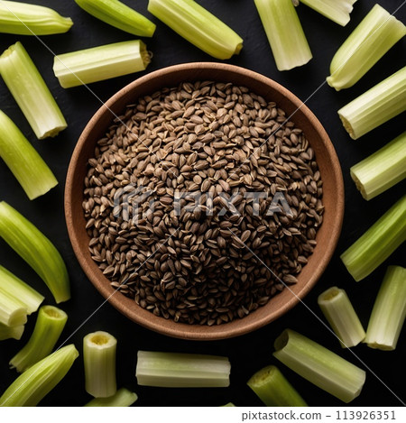 Celery seeds on a black background. 113926351