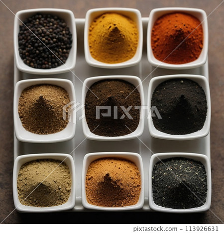 Black pepper powder on a black background. 113926631