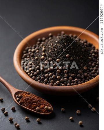 Black pepper powder on a black background. 113926644