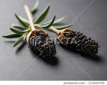 Black cumin on a black background. Black cumin on a black background. 113926709