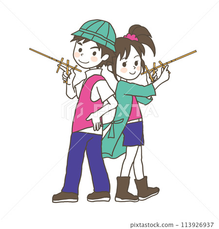 男孩和女孩用手工玩具筷子和槍擺姿勢的生動彩色插圖 113926937