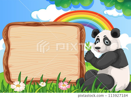 Panda with Blank Sign Under Rainbow 113927184