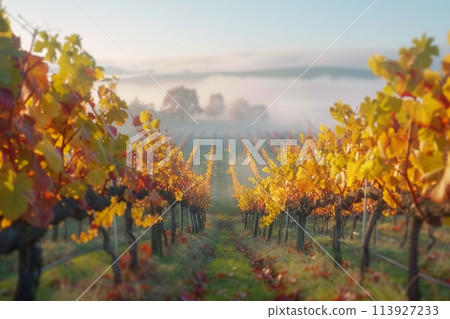 Sunlit autumn vineyard with misty background at sunrise 113927233