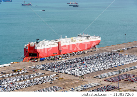 車輛運輸船停泊在集裝箱碼頭 113927266