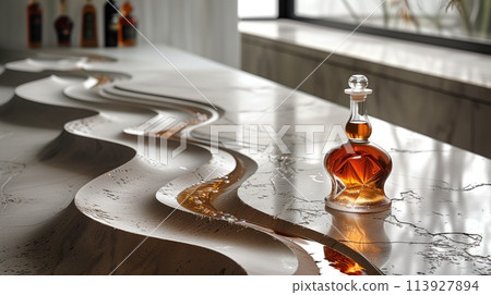 whiskey bottle on stone table whiskey bottle on stone table 113927894