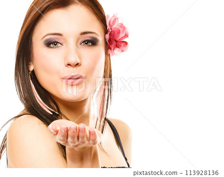beautiful girl in summer style blowing kiss. Flirty beautiful girl in summer style blowing kiss. Flirty 113928136