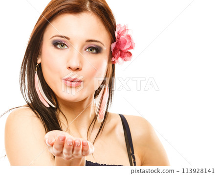 beautiful girl in summer style blowing kiss. Flirty beautiful girl in summer style blowing kiss. Flirty 113928141