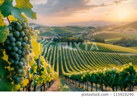 Sunset over lush vineyards with ripe grapes in summer Sunset over lush vineyards with ripe grapes in summer 113928290