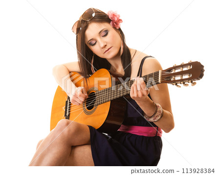 Music lover, summer girl with guitar isolated 113928384