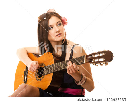 Music lover, summer girl with guitar isolated 113928385
