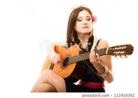 Music lover, summer girl with guitar isolated Music lover, summer girl with guitar isolated 113928392