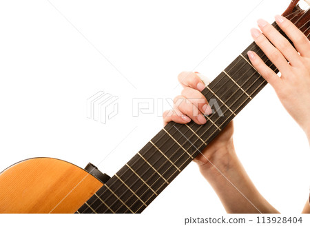 Music instrument.  Girl holding guitar isolated 113928404