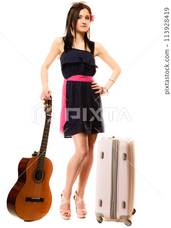 Music lover, summer girl with guitar and suitcase 113928419