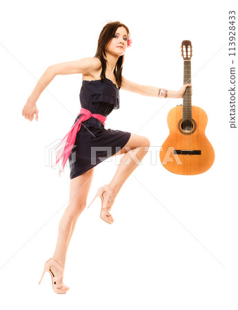 Music lover, summer girl with guitar isolated 113928433