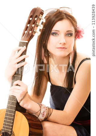 Music lover, summer girl with guitar isolated Music lover, summer girl with guitar isolated 113928439