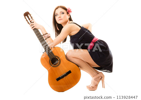 Music lover, summer girl with guitar isolated Music lover, summer girl with guitar isolated 113928447