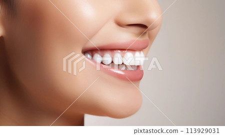 Universal photorealistic banner with a girl smiling with beautiful white teeth, close-up on a white plain background, close-up with space to insert text. High quality photo 113929031