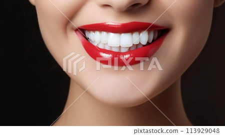 Universal photorealistic banner with a girl smiling with beautiful white teeth, close up on a white plain background, close up with space to insert text. High quality photo 113929048