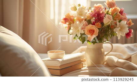Bright flowers in a vase, creating a cozy atmosphere in a well-kept bedroom. 113929245