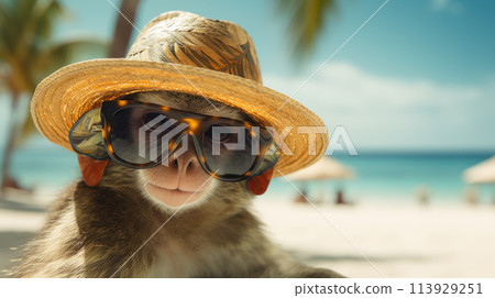 A joyful monkey plays on the beach wearing retro sunglasses and a hat. 113929251