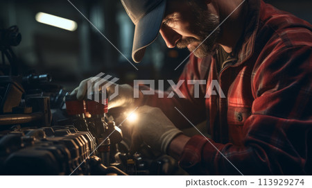 The mechanic works diligently in the garage, emphasizing the importance of regular vehicle maintenance. The mechanic works diligently in the garage, emphasizing the importance of regular vehicle maintenance. 113929274
