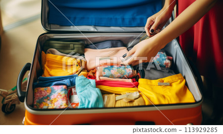 Travelers hands organize colorful essentials in a suitcase, creating a visually appealing scene. Travelers hands organize colorful essentials in a suitcase, creating a visually appealing scene. 113929285