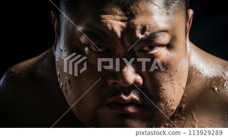 Sumo wrestler, intense concentration, sweat. Dramatic portrait. 113929289