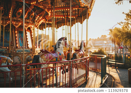 Merry go round carousel in amusement park Merry go round carousel in amusement park 113929378