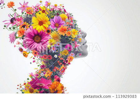 Woman silhouette made of blooming flowers Woman silhouette made of blooming flowers 113929383