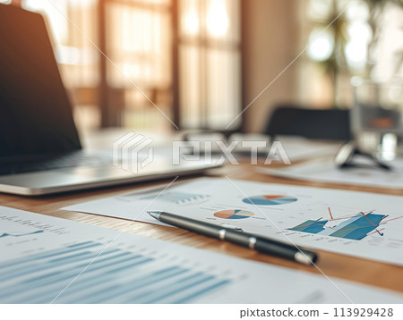 Close-up of marketing strategy session with papers, charts, laptop. Planning process 113929428