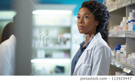 Dedicated pharmacist counseling patient with passion and care in well-lit pharmacy scene. 113929447