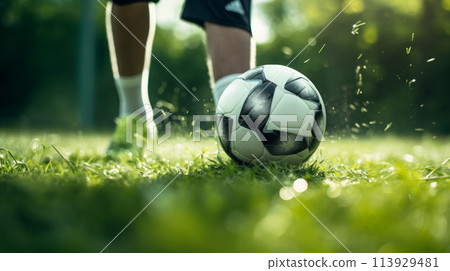A soccer players foot expertly manages the ball on a vibrant green field. 113929481