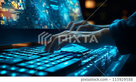 A programmer types lines of code on a backlit keyboard. 113929588