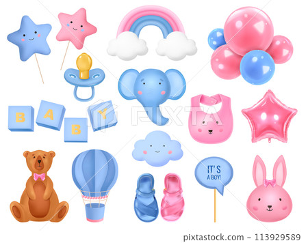 Realistic baby shower elements collections with baby toys and cute animals Realistic baby shower elements collections with baby toys and cute animals 113929589